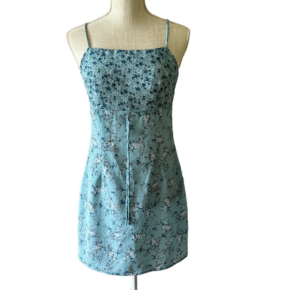 Dby Dress Womens XS Blue Floral Print Contrast Panel Vtg 90s Mini Slip‎ Dress